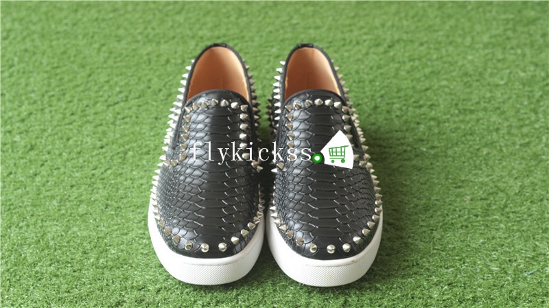 Christian Louboutin Low Spikes Python Leather Pik Boat Flat Black Casual Shoes White Rivets